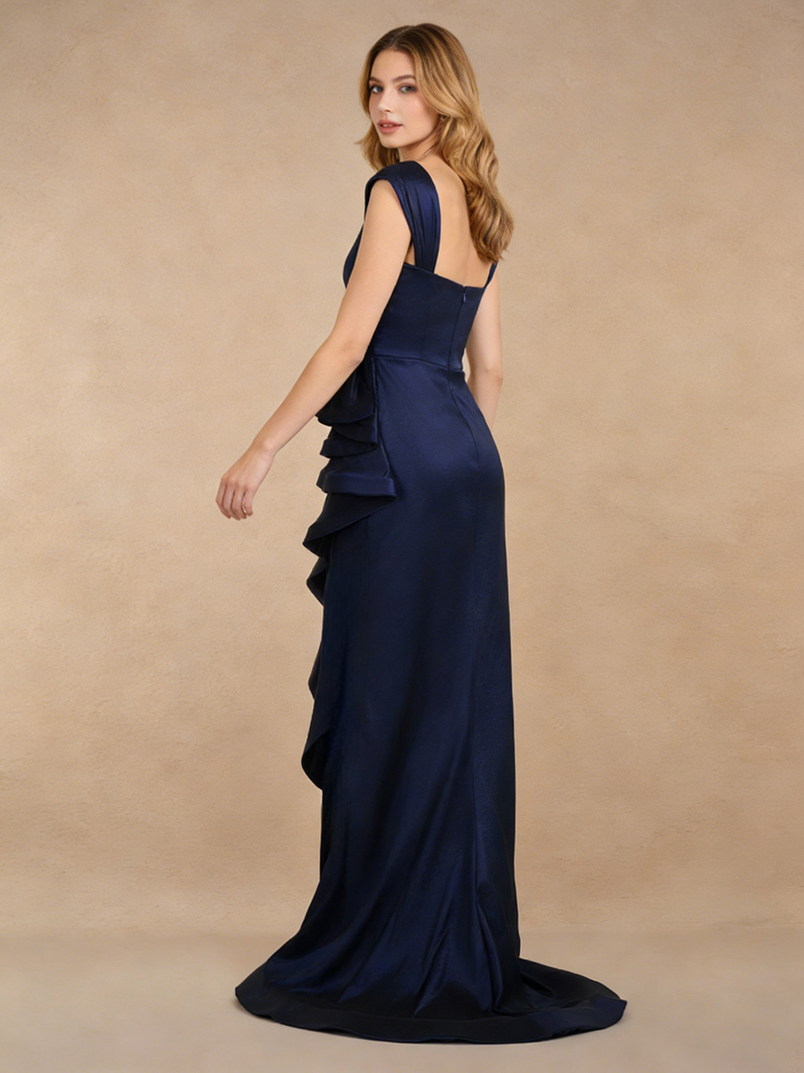 Mermaid V-Neck Satin Floor-Length Ruffle Formal Evening Gown