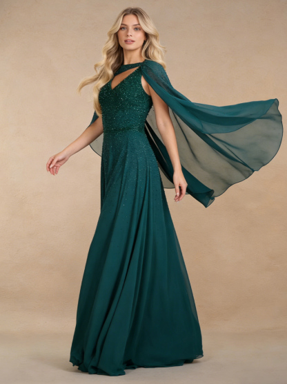 A-Line V-Neck Sequin & Chiffon Floor-Length Cape Sleeve Formal Evening Gown