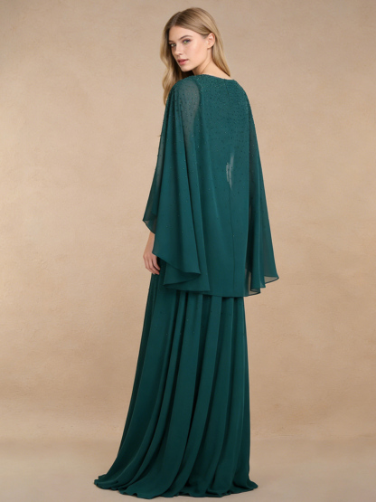 A-Line V-Neck Sequin & Chiffon Floor-Length Cape Sleeve Formal Evening Gown
