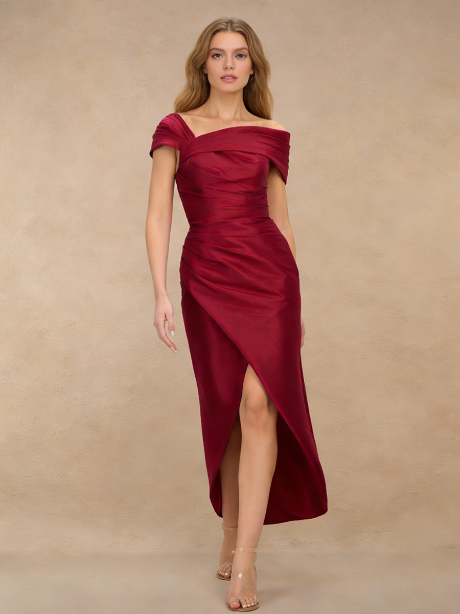 Sheath Off-the-Shoulder Satin Midi-Length Ruched Formal Cocktail Dress