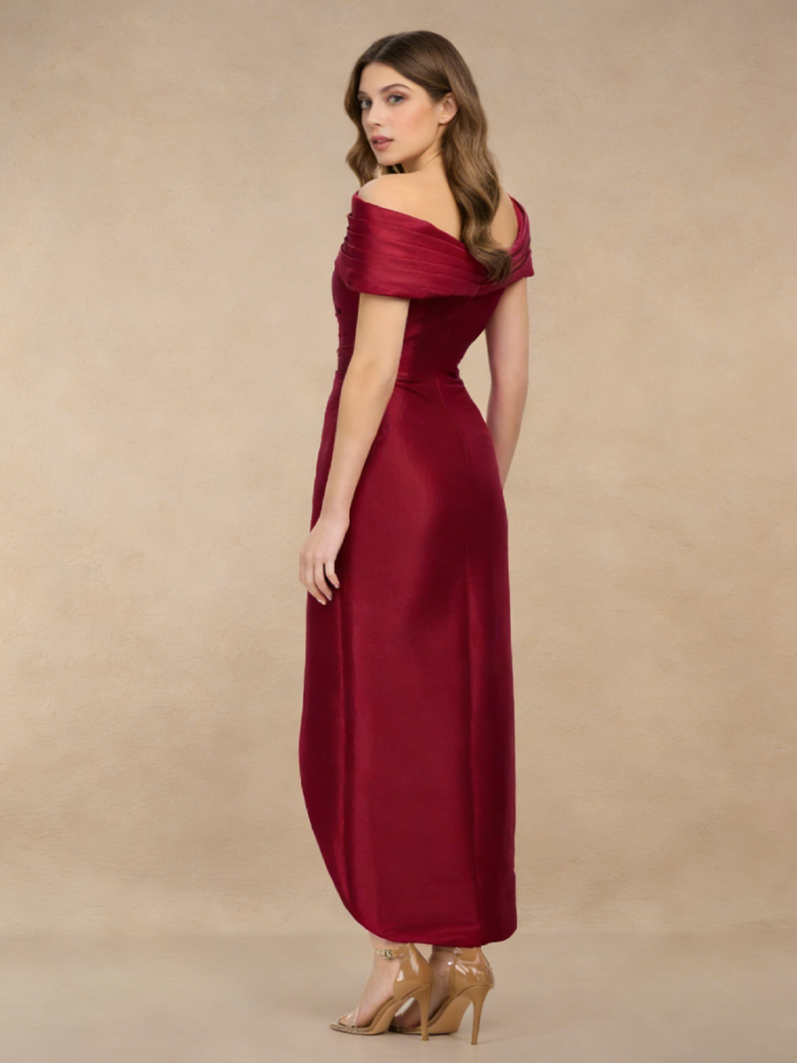 Sheath Off-the-Shoulder Satin Midi-Length Ruched Formal Cocktail Dress