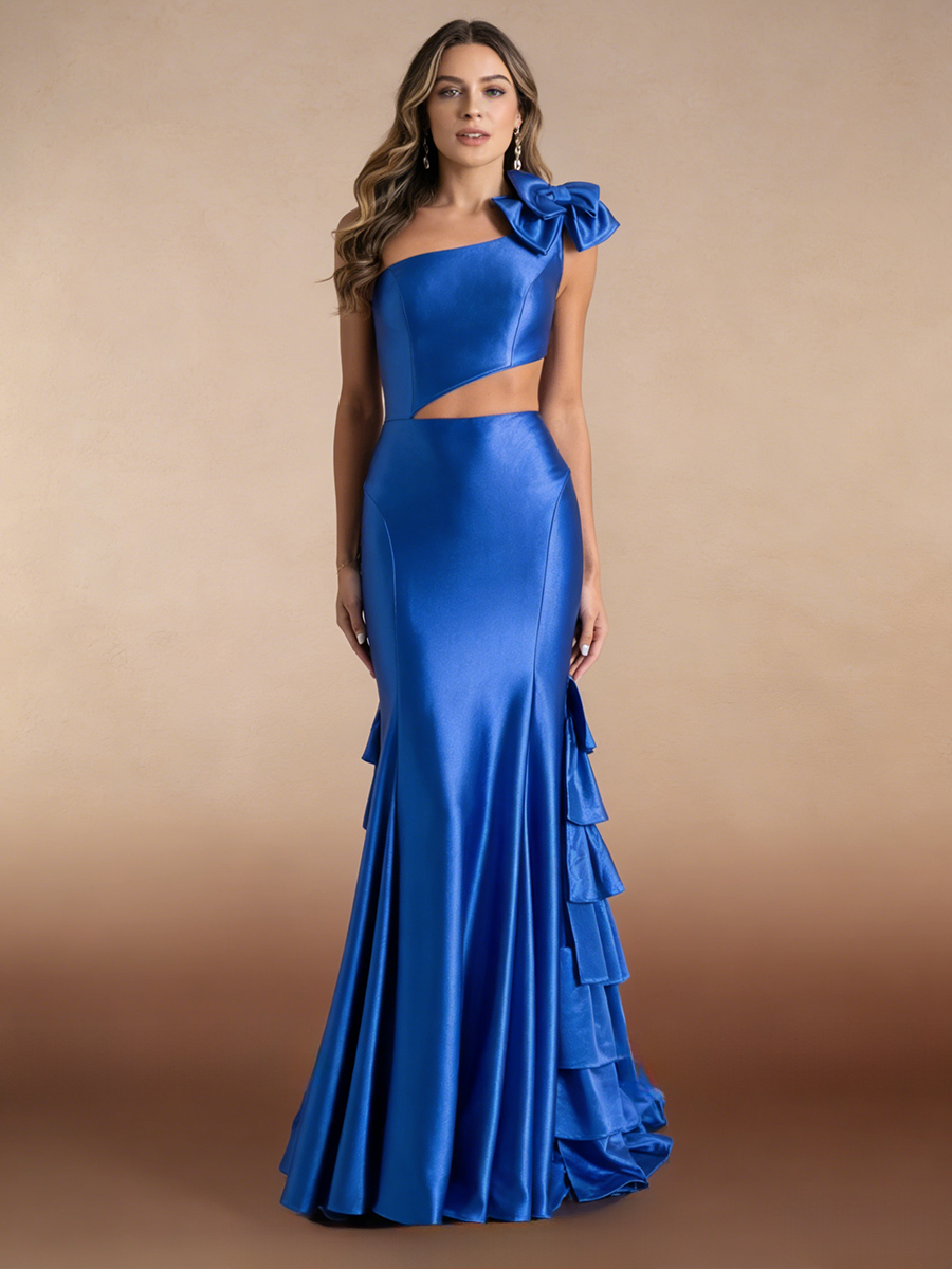 Mermaid One-Shoulder Satin Floor-Length Bow Accent Cutout Formal Evening Gown