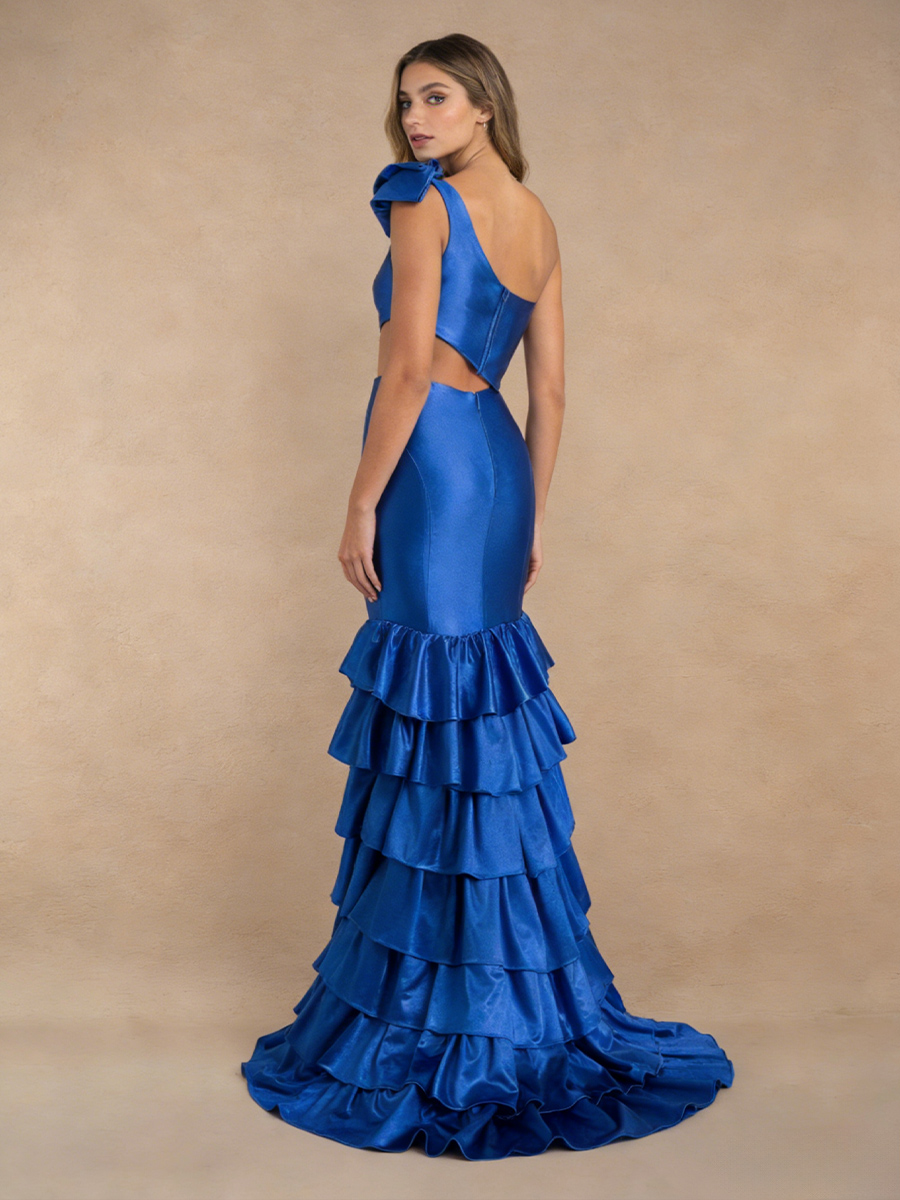 Mermaid One-Shoulder Satin Floor-Length Bow Accent Cutout Formal Evening Gown