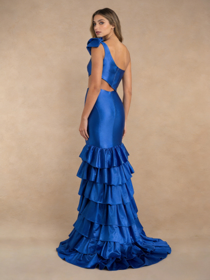 Mermaid One-Shoulder Satin Floor-Length Bow Accent Cutout Formal Evening Gown