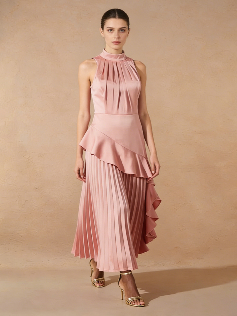 A-Line Halter Satin Midi-Length Pleated Ruffle Formal Cocktail Dress