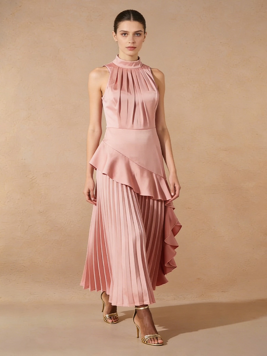 A-Line Halter Satin Midi-Length Pleated Ruffle Formal Cocktail Dress
