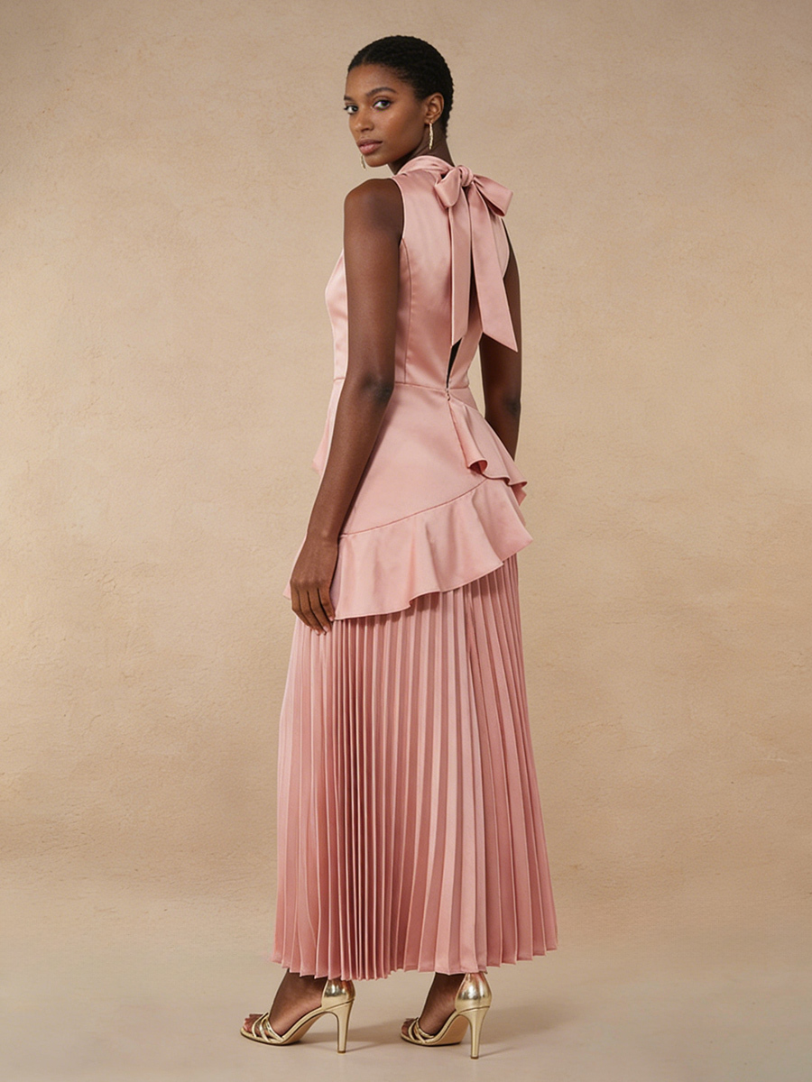 A-Line Halter Satin Midi-Length Pleated Ruffle Formal Cocktail Dress