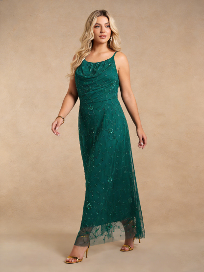 Sheath Crew Neck Lace & Tulle Floor-Length Beaded Formal Evening Gown