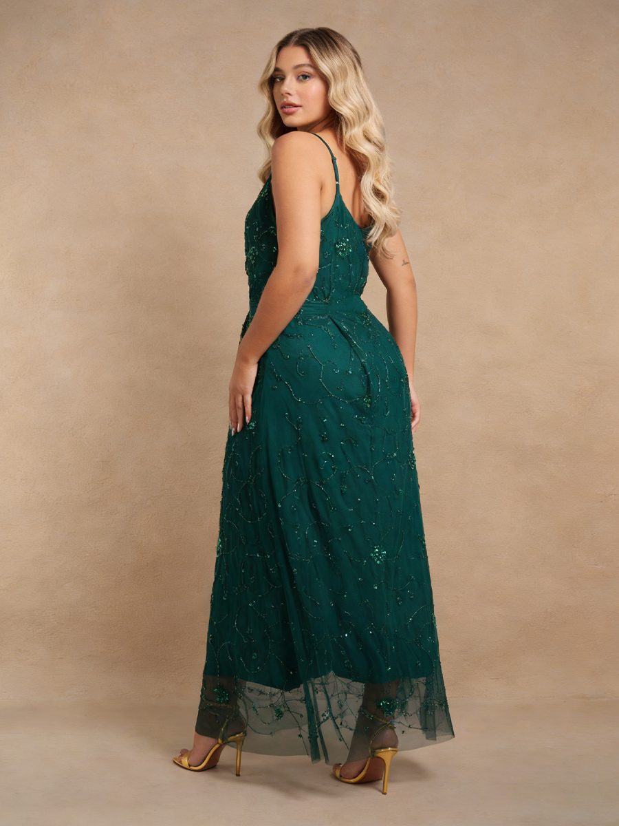 Sheath Crew Neck Lace & Tulle Floor-Length Beaded Formal Evening Gown