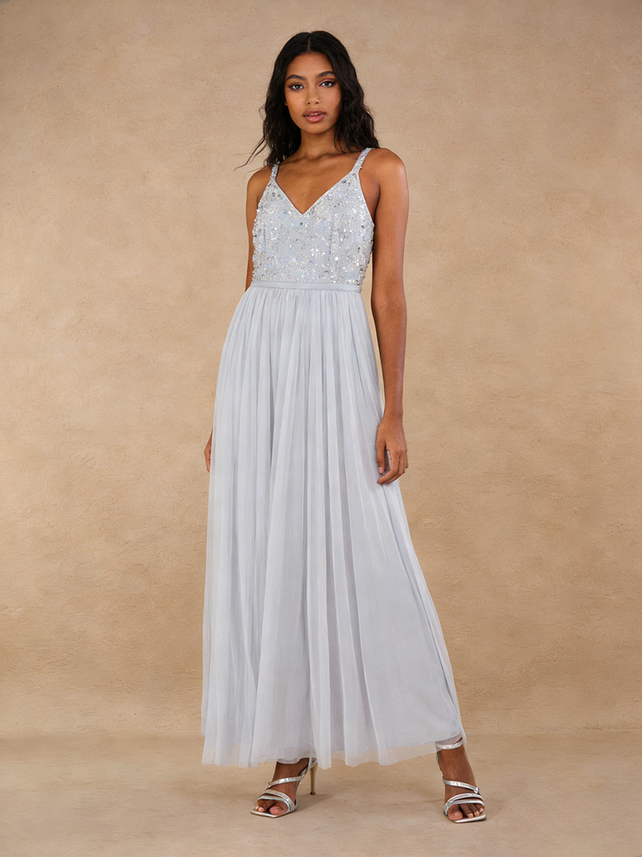 A-Line V-Neck Sequin & Tulle Floor-Length Pleated Formal Evening Gown