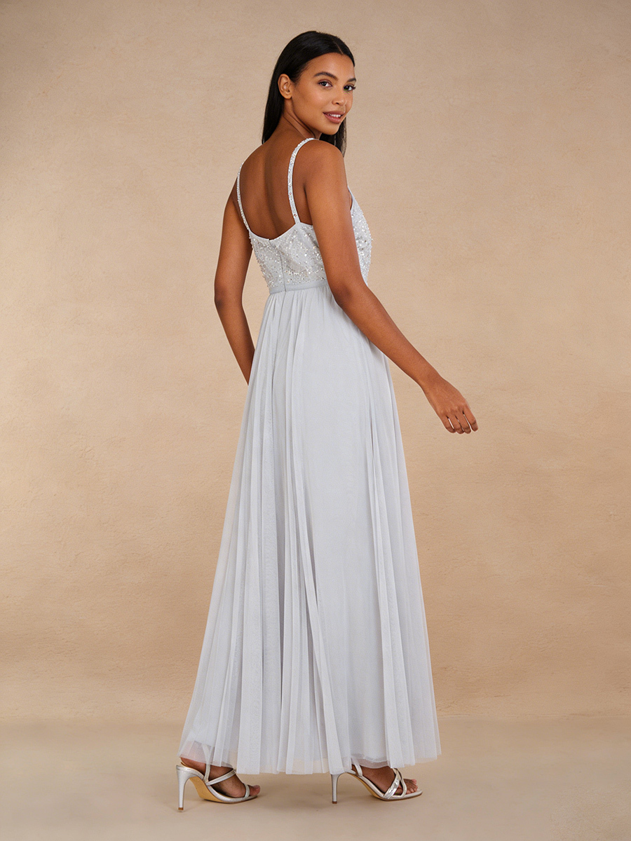 A-Line V-Neck Sequin & Tulle Floor-Length Pleated Formal Evening Gown