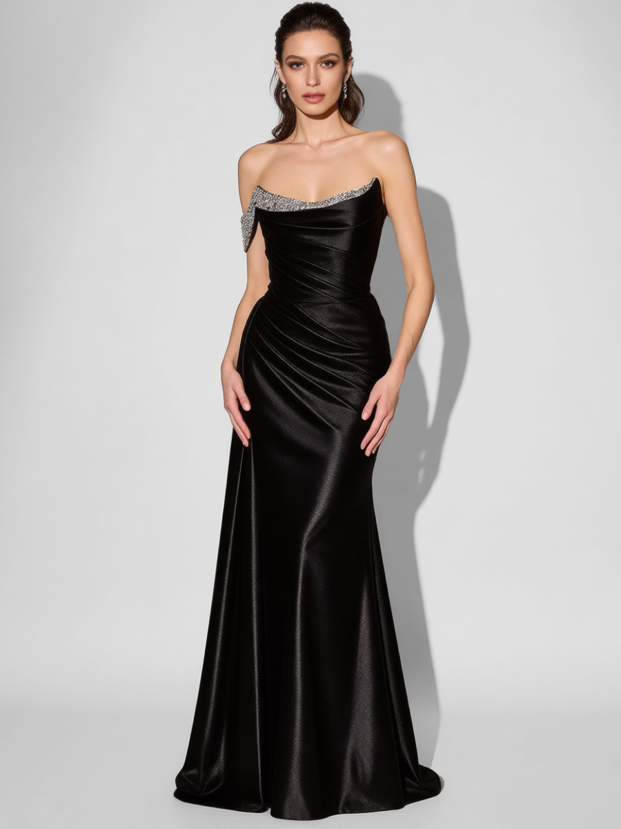 Mermaid Strapless Satin Floor-Length Beaded Formal Evening Gown