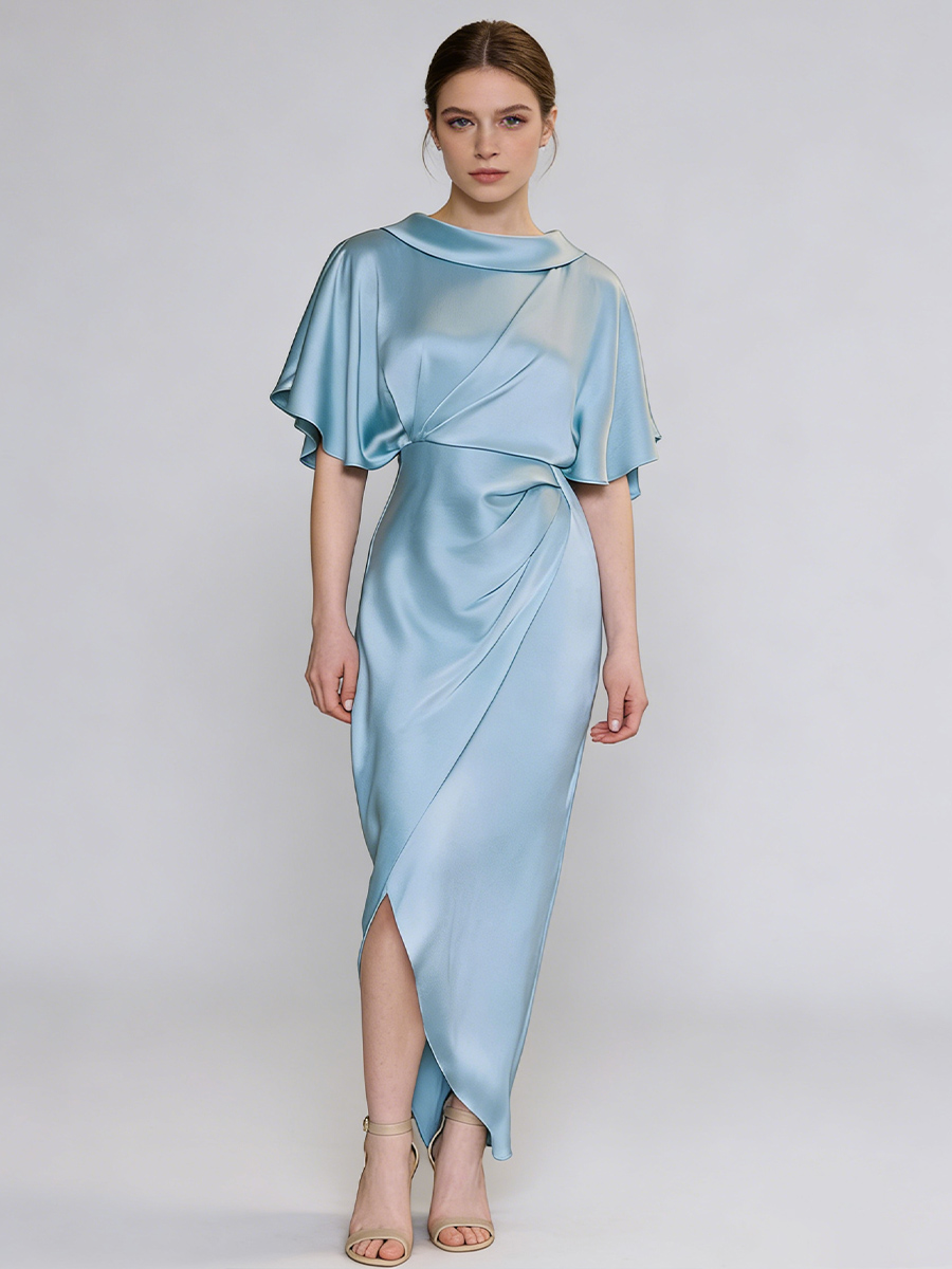 Sheath Crew Neck Satin Midi-Length Cape Sleeve Formal Cocktail Dress