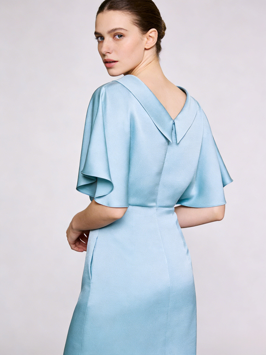 Sheath Crew Neck Satin Midi-Length Cape Sleeve Formal Cocktail Dress