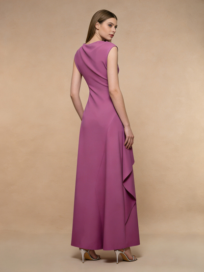 Sheath Crew Neck Satin Asymmetric Ruffle Formal Evening Gown