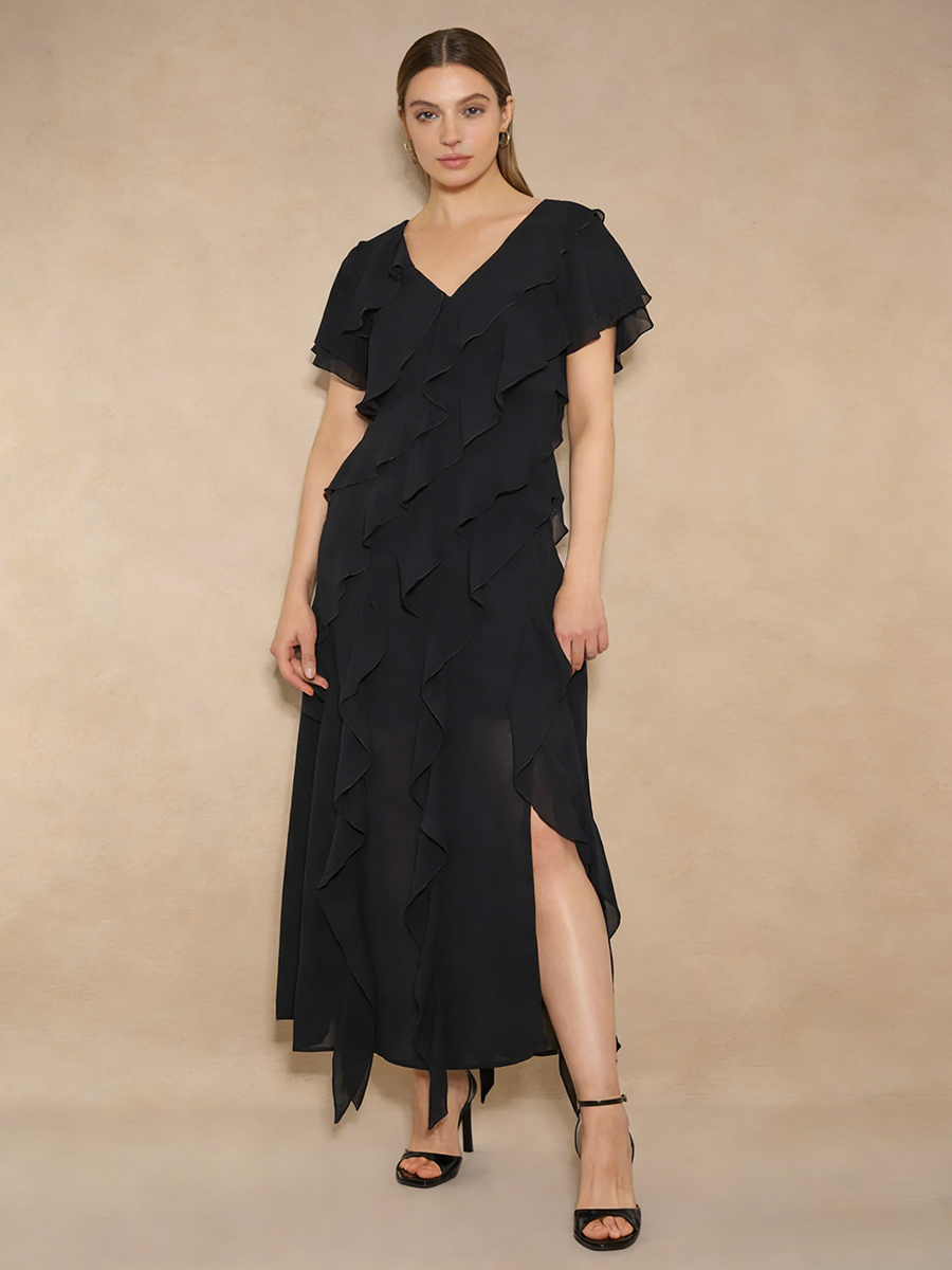 Elegant V-Neck Tiered Ruffle Short Sleeve Chiffon High Slit Formal Wedding Guest Dress