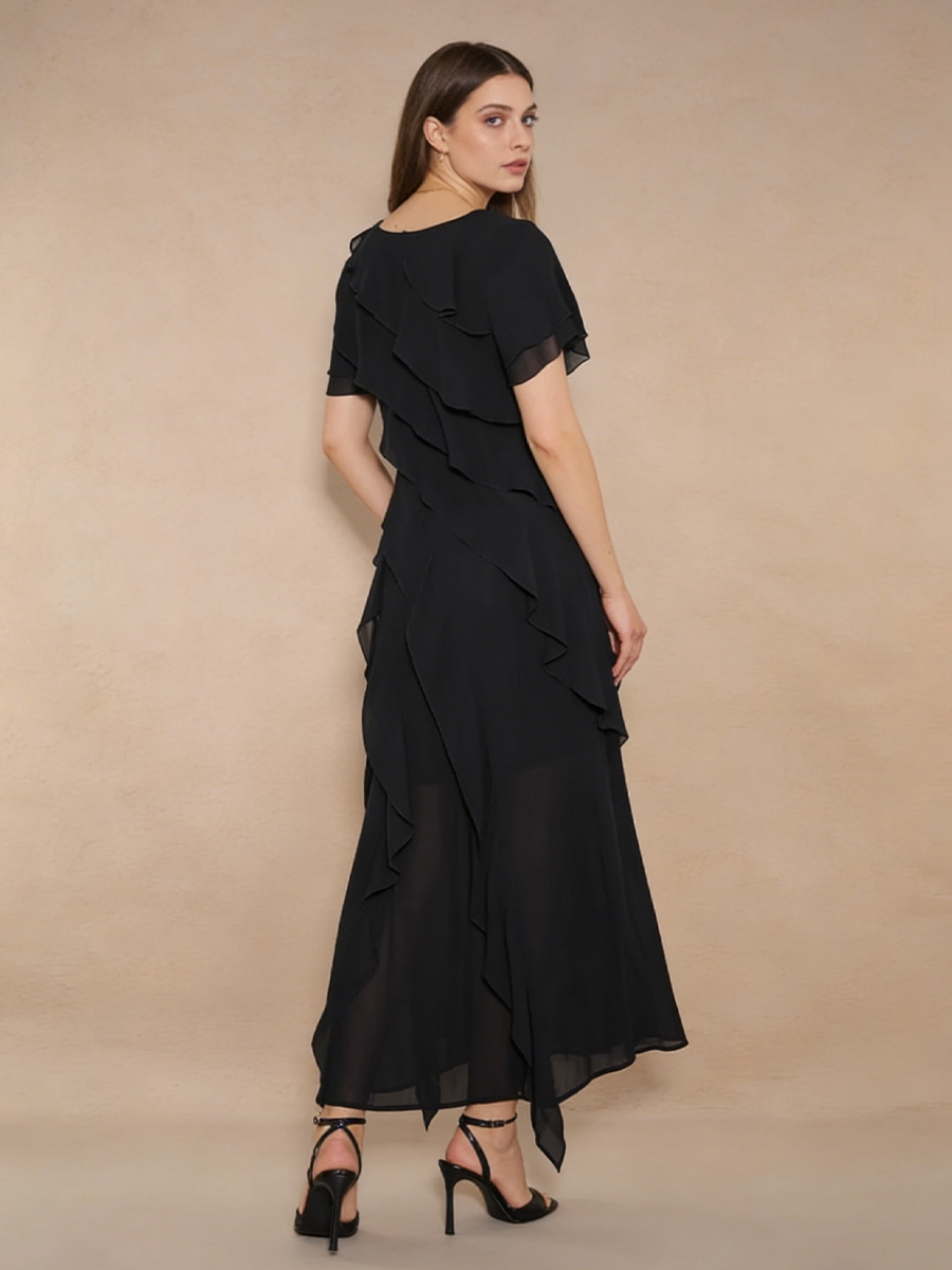 Elegant V-Neck Tiered Ruffle Short Sleeve Chiffon High Slit Formal Wedding Guest Dress