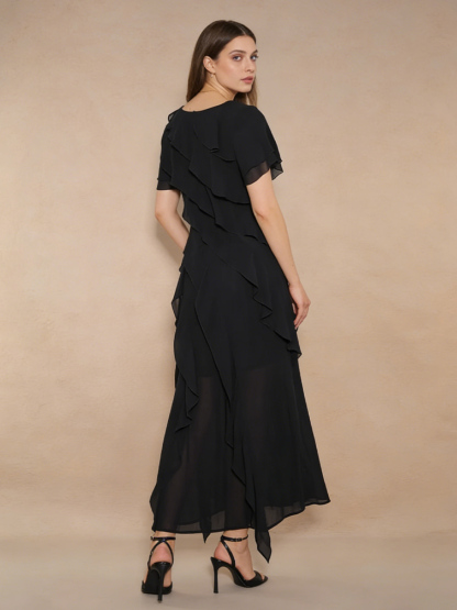 Elegant V-Neck Tiered Ruffle Short Sleeve Chiffon High Slit Formal Wedding Guest Dress