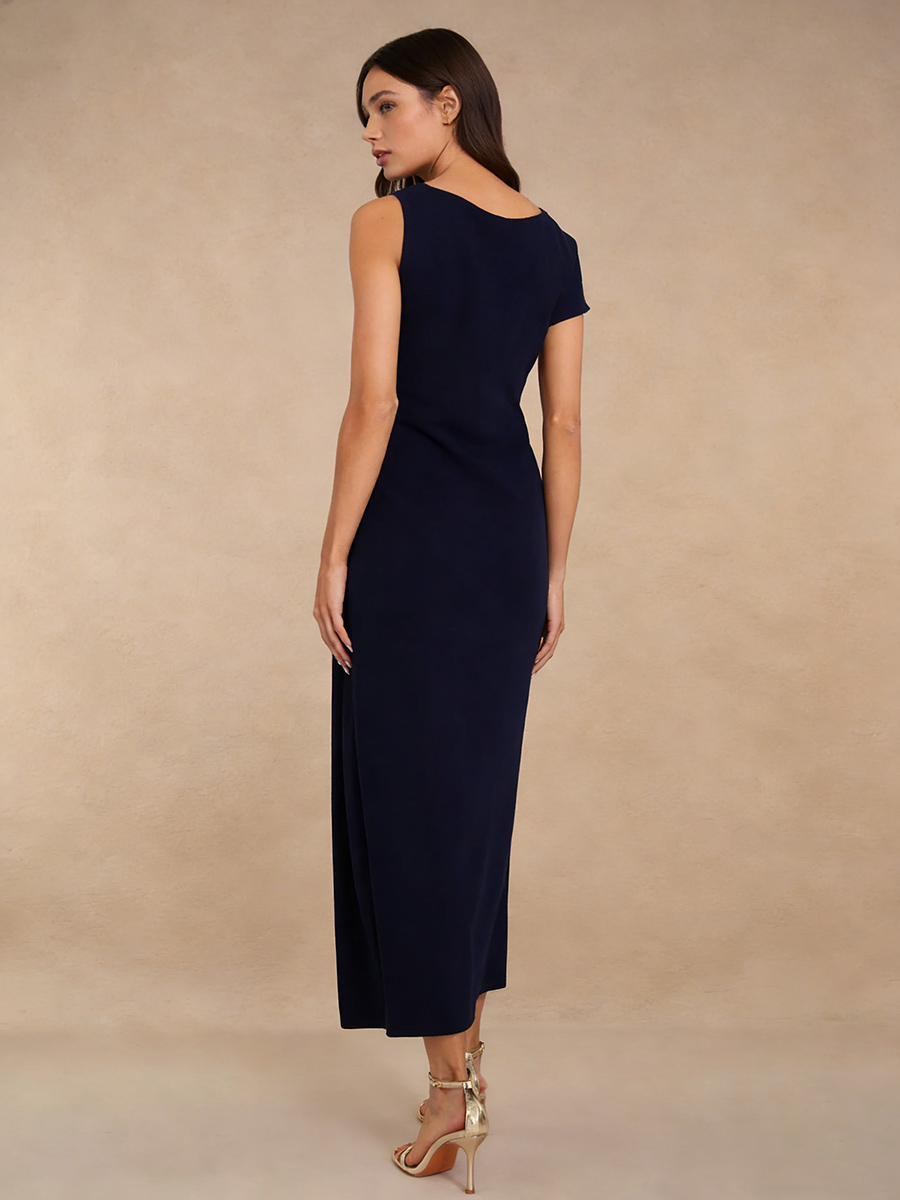 Elegant One-Shoulder Ruched Waist High Slit Midi Formal Wedding Guest Dress