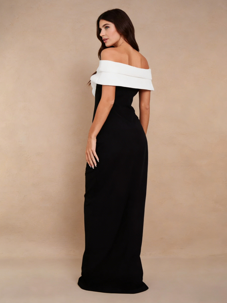 Elegant Off-the-Shoulder Color-Blocked Collar Fitted High Slit Formal Dress