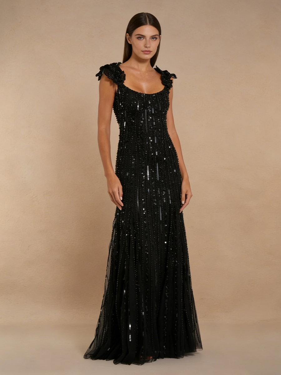 Elegant Square Neck Beaded Ruffle Strap Mermaid Formal Gown