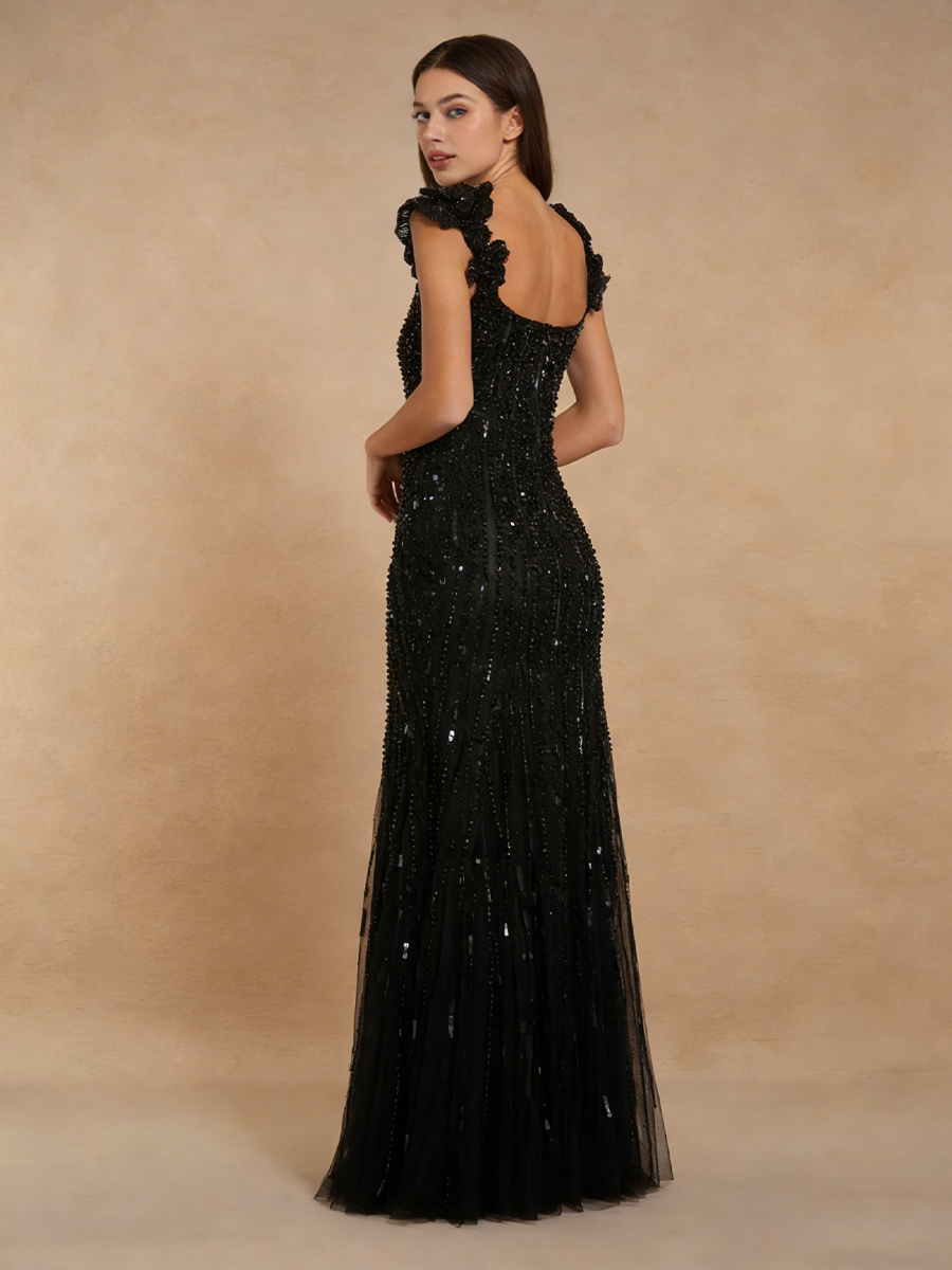 Elegant Square Neck Beaded Ruffle Strap Mermaid Formal Gown