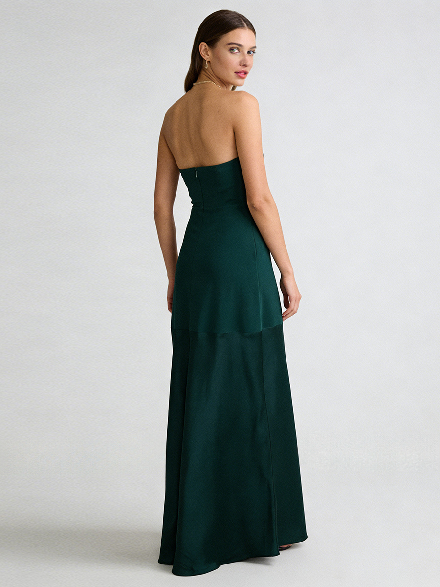 Elegant Strapless Square Neck Satin Panel Open Back Prom Gown