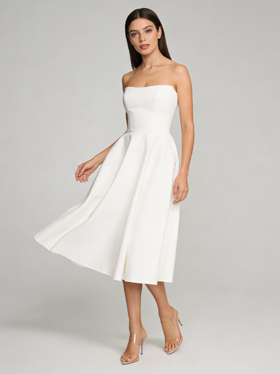 Elegant Strapless Satin Waist-Cinched A-Line Midi Prom Gown