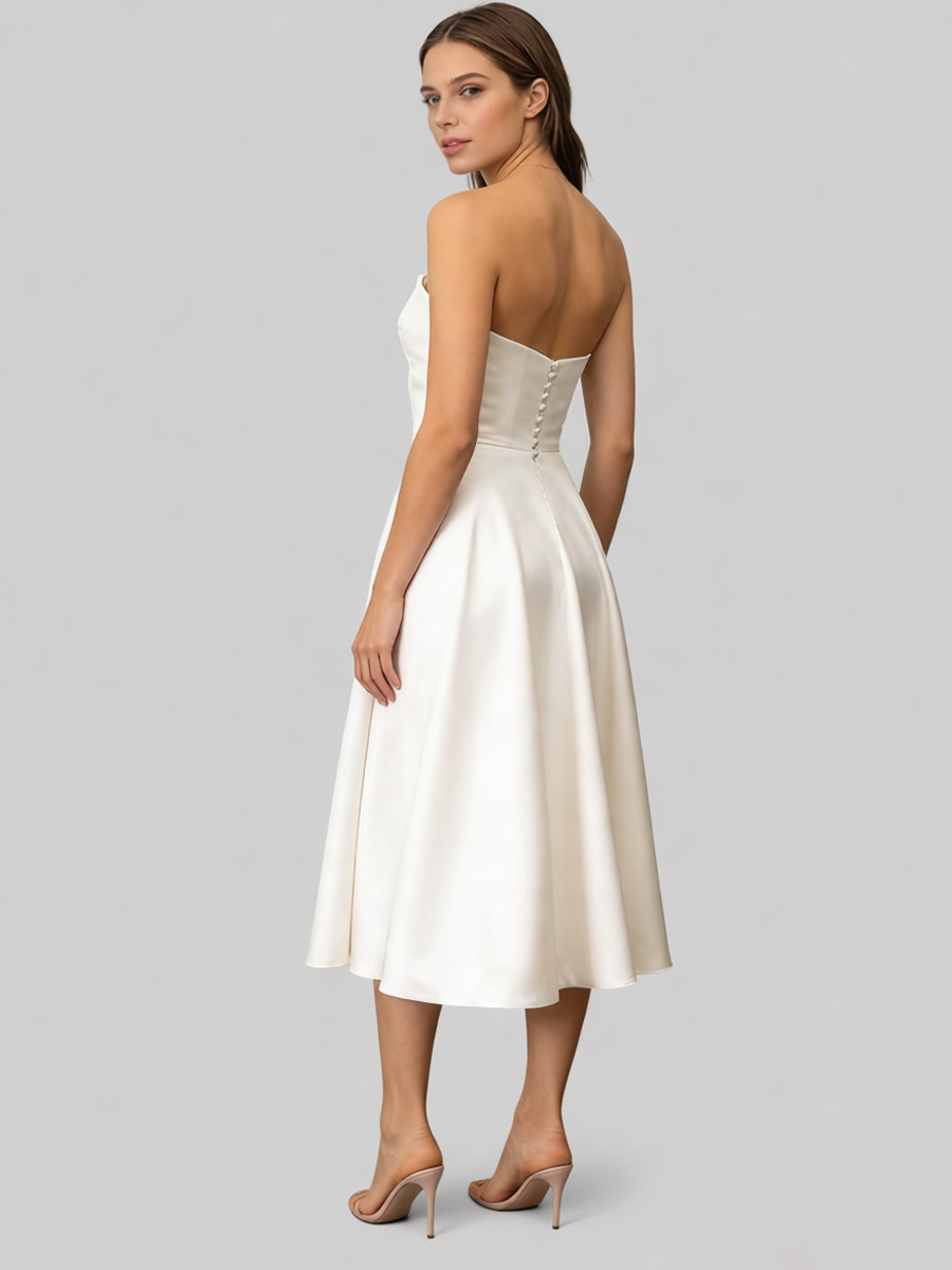 Elegant Strapless Satin Waist-Cinched A-Line Midi Prom Gown