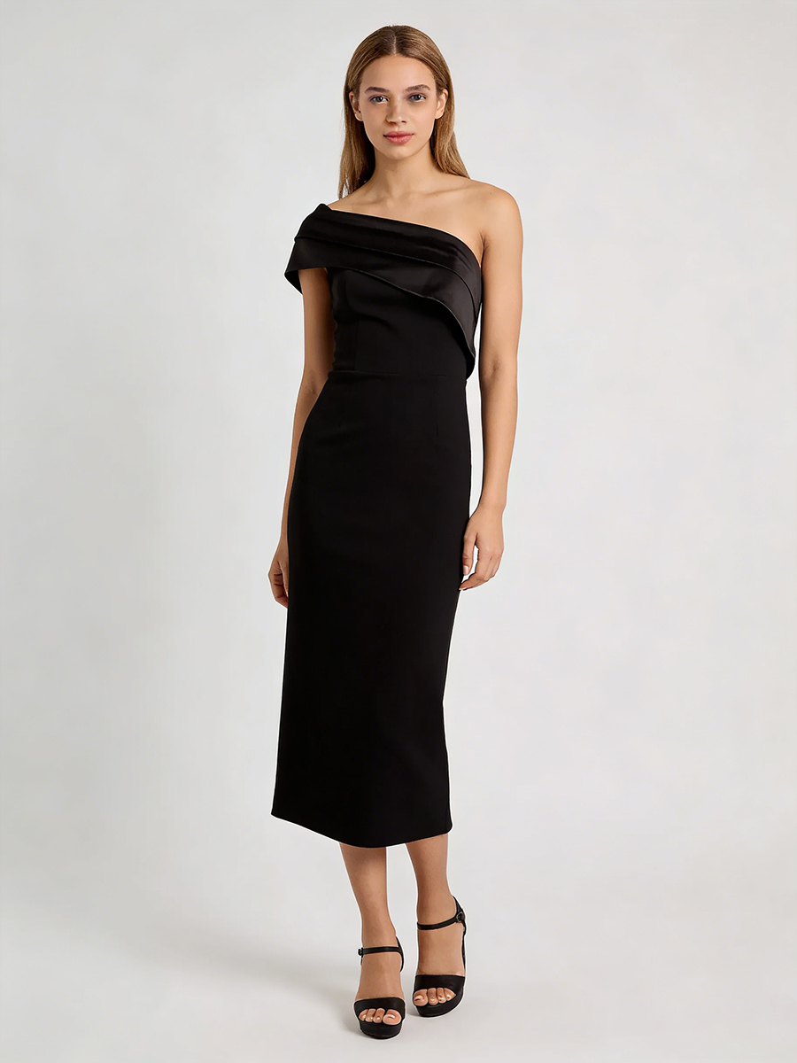 Elegant One-Shoulder Satin Lapel Fitted Midi Formal Gown