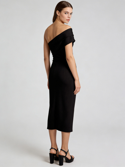 Elegant One-Shoulder Satin Lapel Fitted Midi Formal Gown