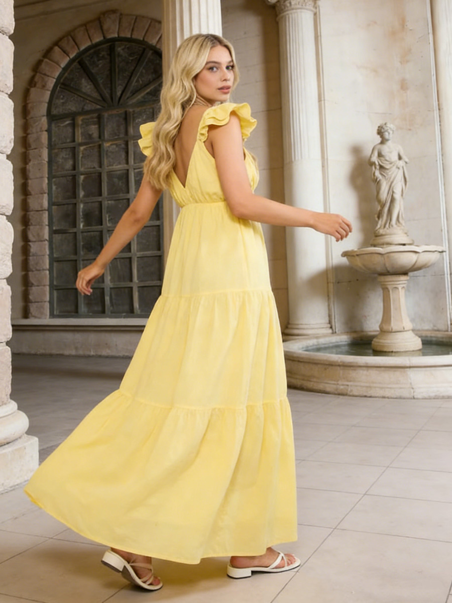 A-Line V-Neck Cotton Blend Floor-Length Dress with Ruffled Flutter Sleeves & Tiered Skirt for Bridal Shower & Garden Events
