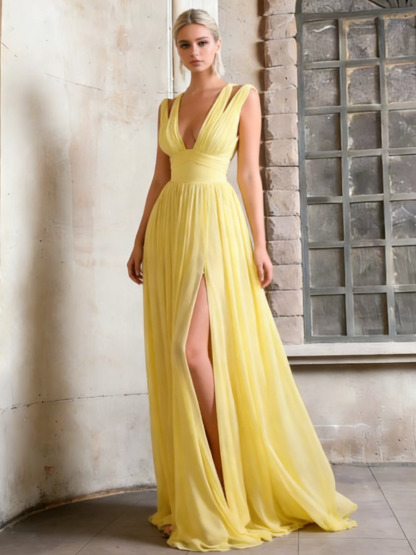 A-Line Deep V-Neck Chiffon Floor-Length Dress with Ruched Bodice, High Side Slit & Flowy Pleated Skirt for Prom & Gala Events