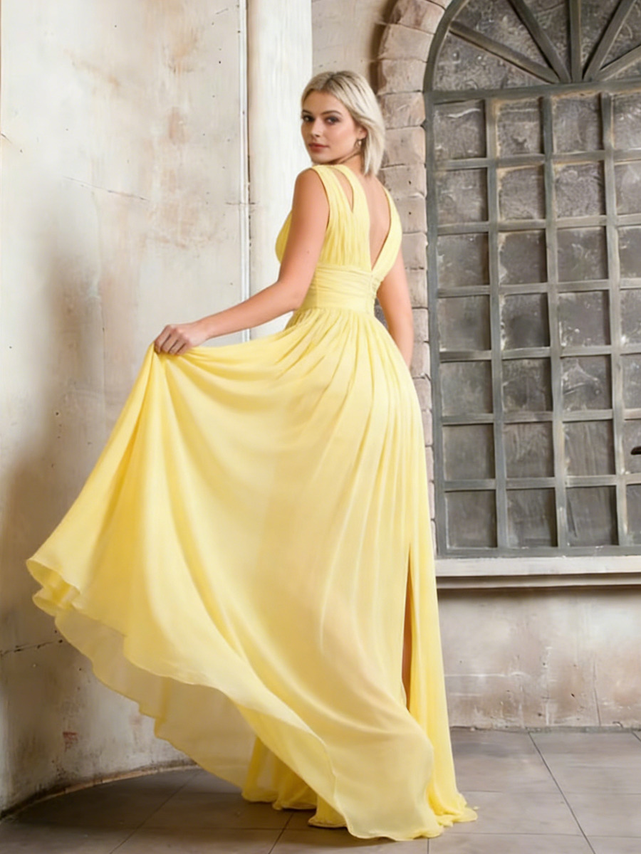 A-Line Deep V-Neck Chiffon Floor-Length Dress with Ruched Bodice, High Side Slit & Flowy Pleated Skirt for Prom & Gala Events