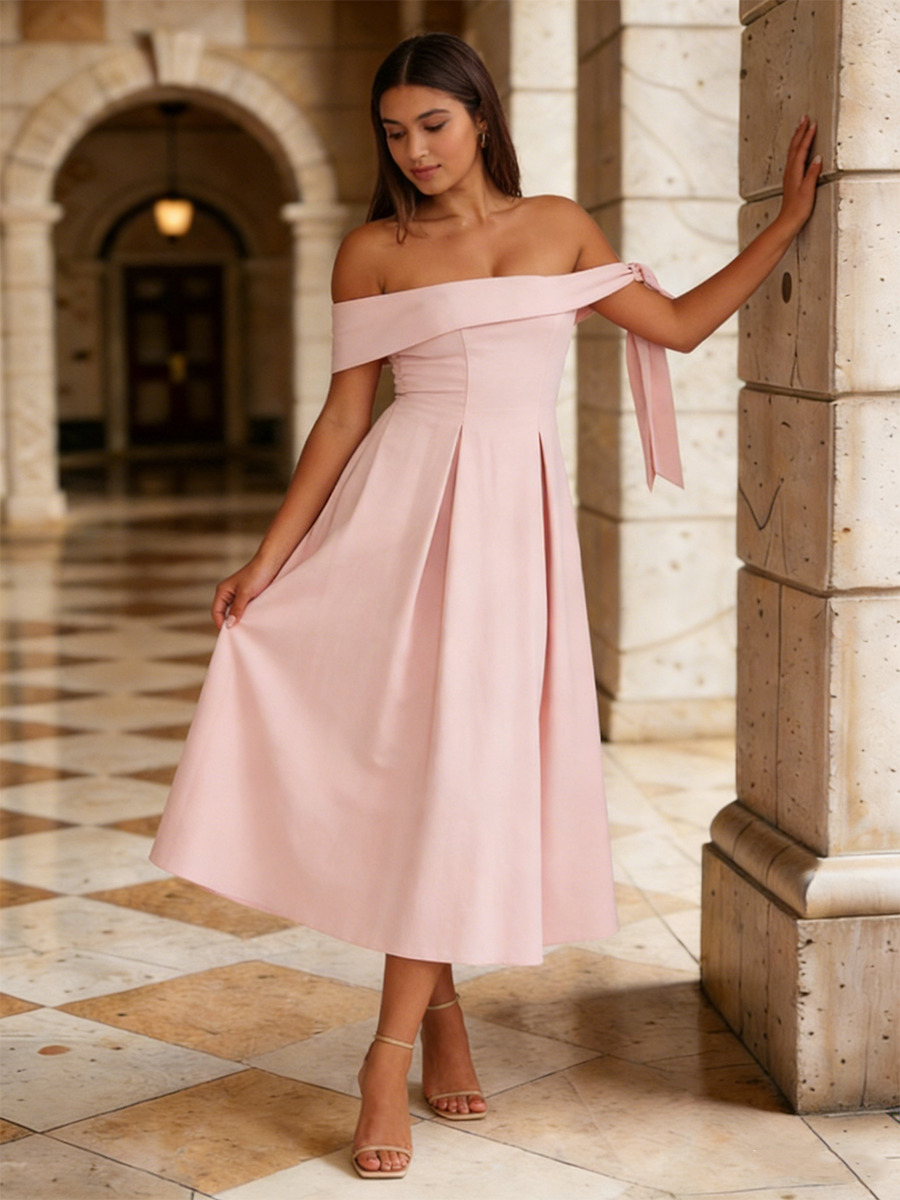 A-Line Off-the-Shoulder Midi Dress with Bow Detail & Pleated for Formal & Gala Events