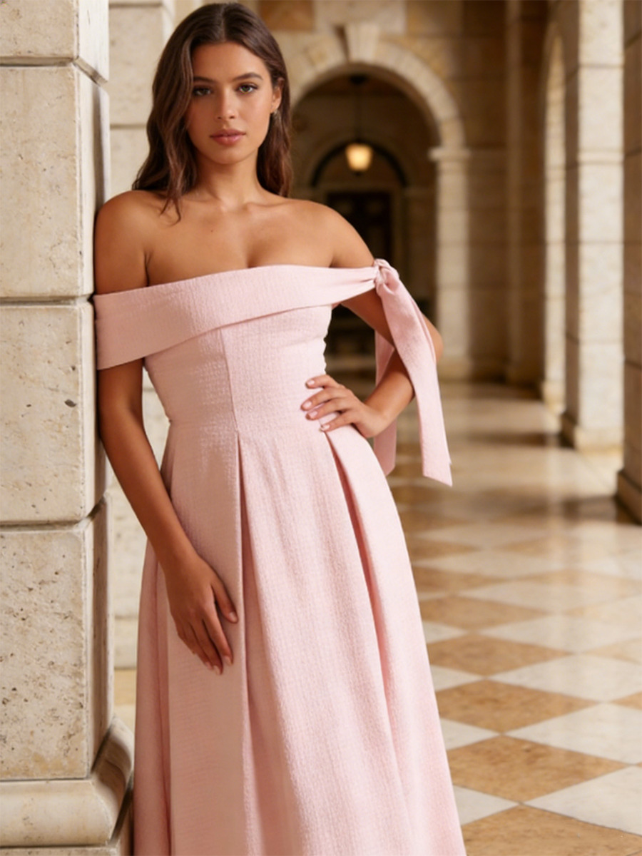 A-Line Off-the-Shoulder Midi Dress with Bow Detail & Pleated for Formal & Gala Events