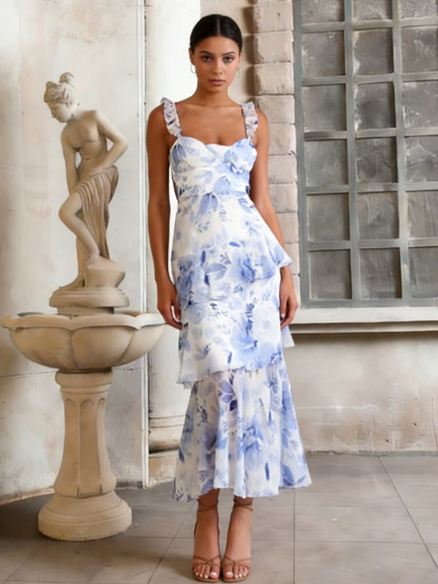 Trumpet Sweetheart Neck Floral Chiffon Midi Dress with Tiered Ruffled Skirt for Cocktail & Gala Events