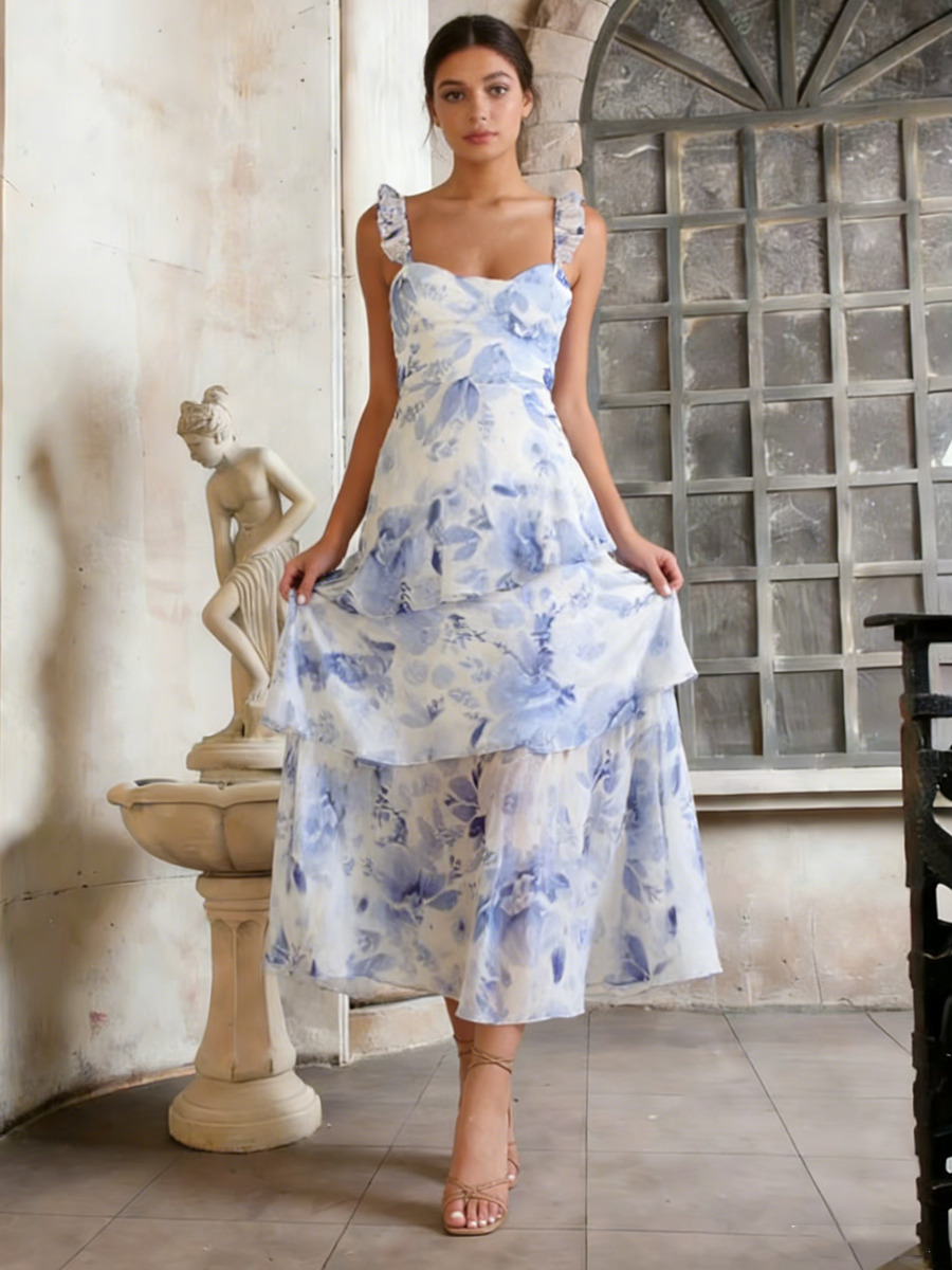 Trumpet Sweetheart Neck Floral Chiffon Midi Dress with Tiered Ruffled Skirt for Cocktail & Gala Events