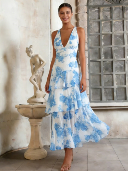 A-Line Halter V-Neck Floral Midi Dress with Tiered Ruffled for Wedding Guest Dress