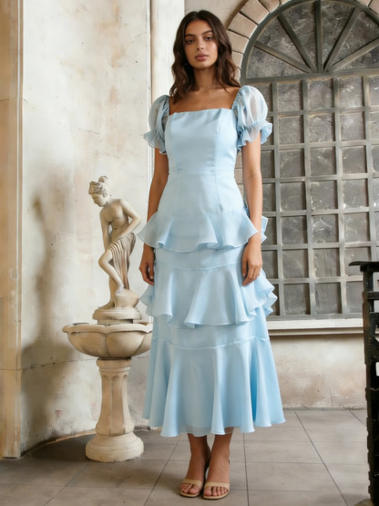 A-Line Square Neck Chiffon Midi Dress with Puff Sleeves & Tiered Ruffled for Wedding Guest Dress
