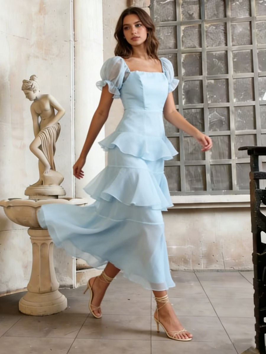 A-Line Square Neck Chiffon Midi Dress with Puff Sleeves & Tiered Ruffled for Wedding Guest Dress