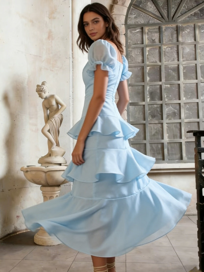 A-Line Square Neck Chiffon Midi Dress with Puff Sleeves & Tiered Ruffled for Wedding Guest Dress