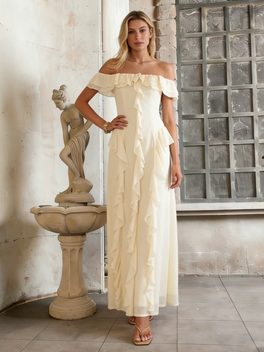 A-Line Off-the-Shoulder Chiffon Floor-Length Dress with Asymmetric Ruffles for Wedding Guest Dress