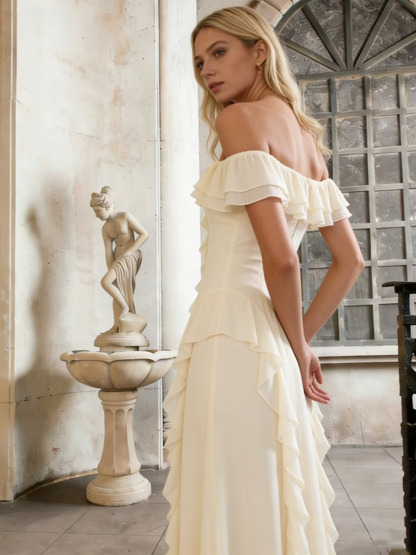 A-Line Off-the-Shoulder Chiffon Floor-Length Dress with Asymmetric Ruffles for Wedding Guest Dress