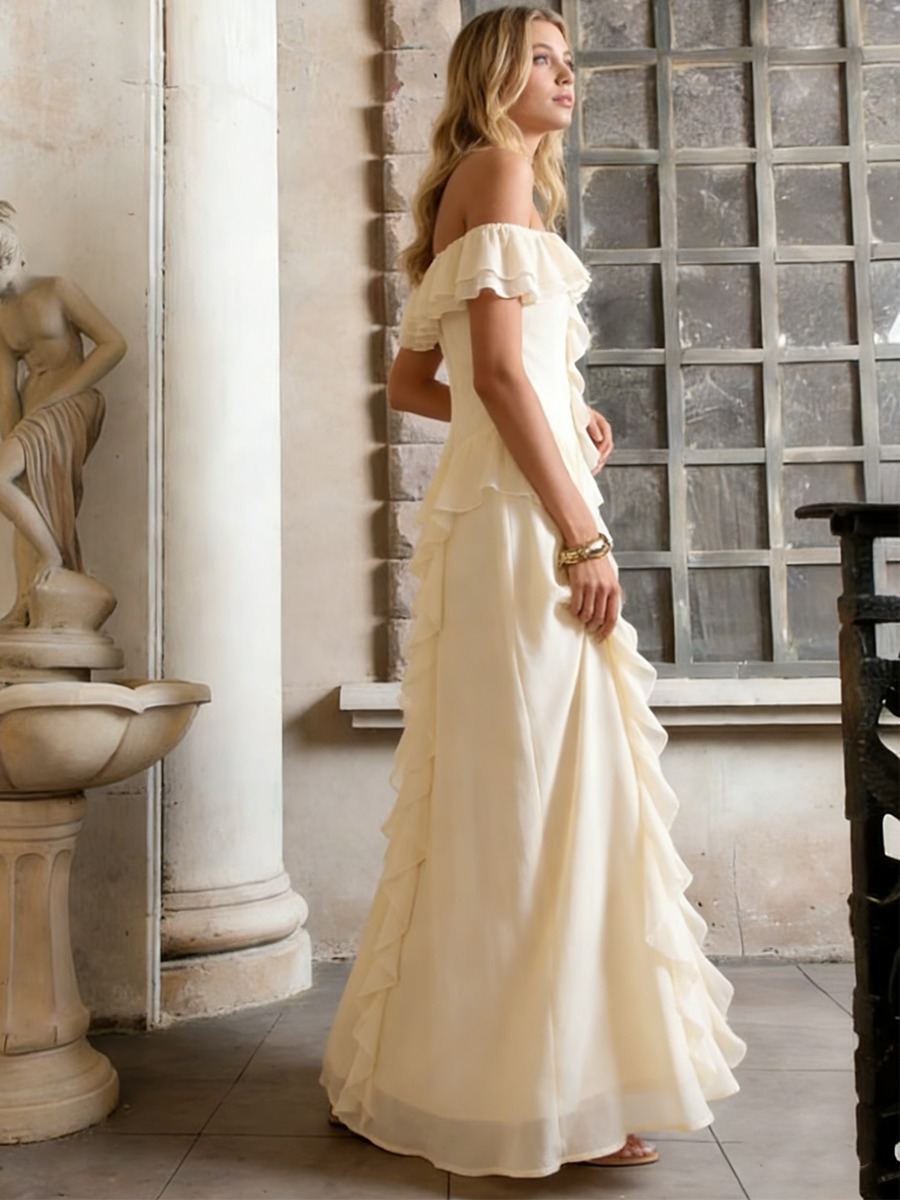 A-Line Off-the-Shoulder Chiffon Floor-Length Dress with Asymmetric Ruffles for Wedding Guest Dress