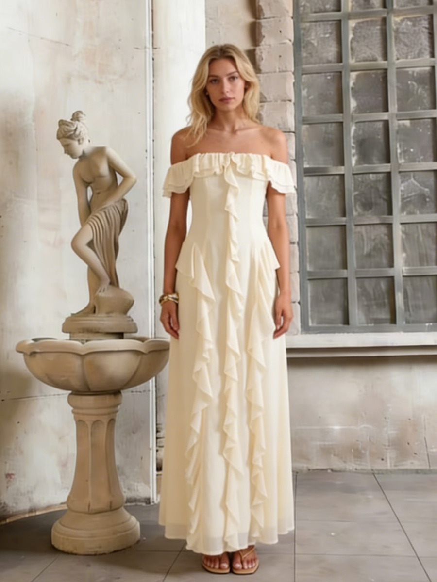 A-Line Off-the-Shoulder Chiffon Floor-Length Dress with Asymmetric Ruffles for Wedding Guest Dress