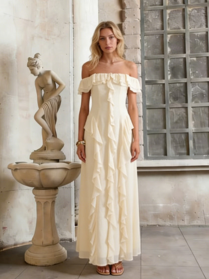 A-Line Off-the-Shoulder Chiffon Floor-Length Dress with Asymmetric Ruffles for Wedding Guest Dress