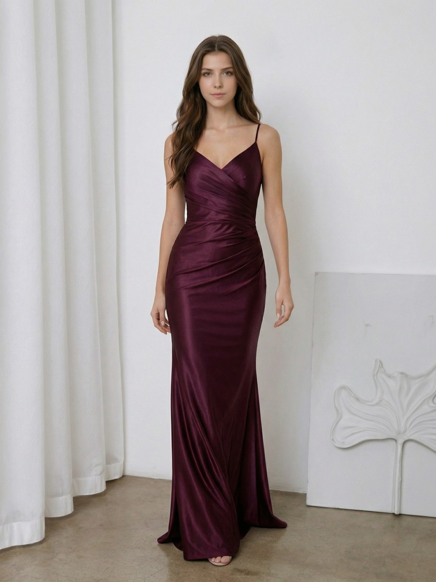 Mermaid Spaghetti Strap Satin Floor-Length Ruched Bodice Formal Evening Gown