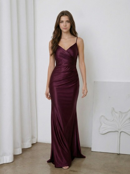 Mermaid Spaghetti Strap Satin Floor-Length Ruched Bodice Formal Evening Gown
