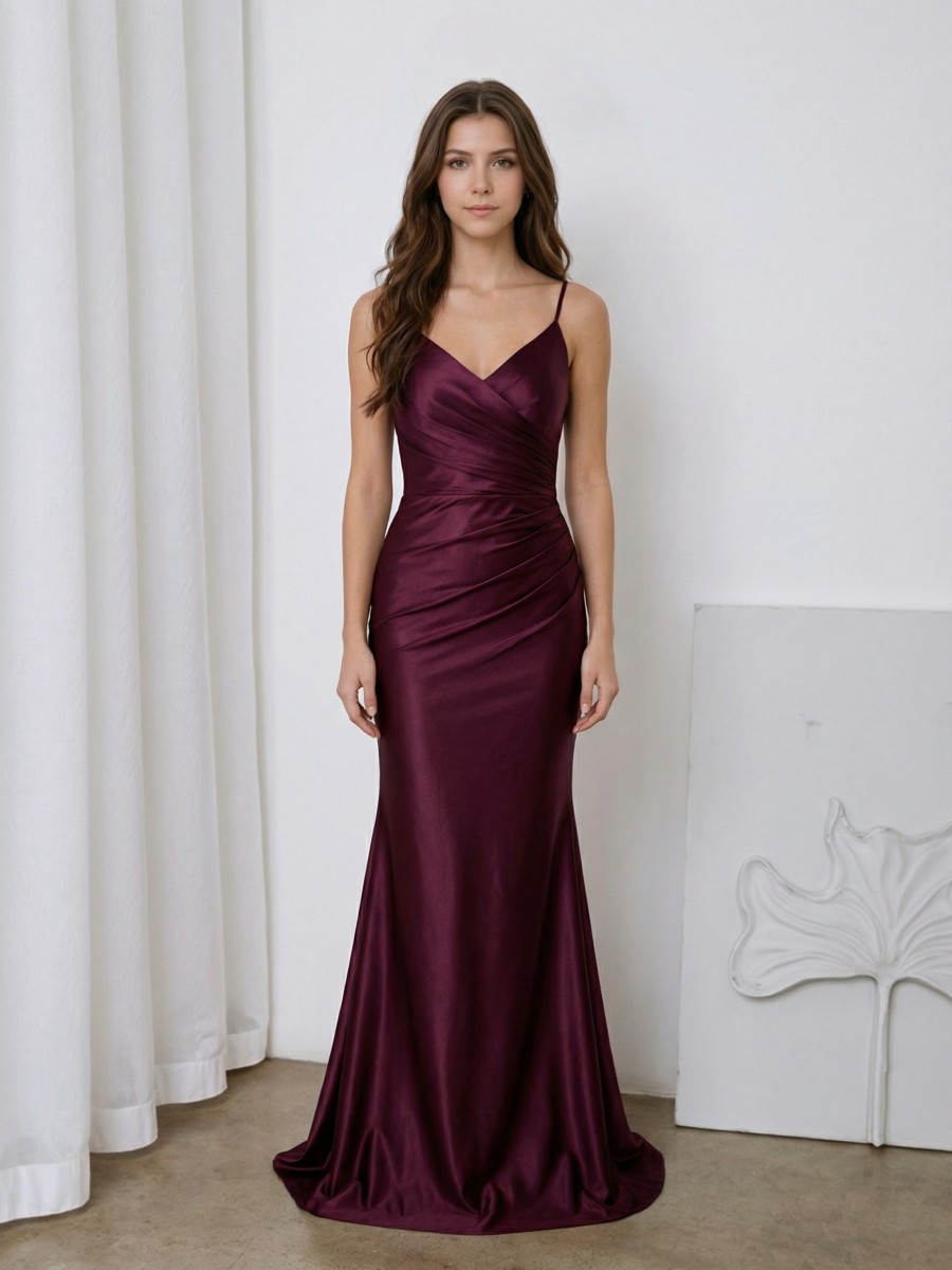 Mermaid Spaghetti Strap Satin Floor-Length Ruched Bodice Formal Evening Gown